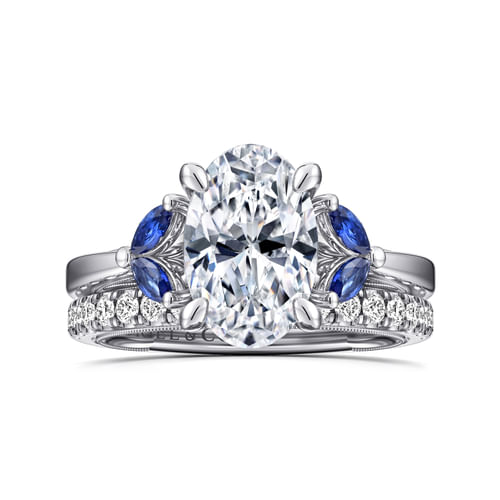 14K White Gold Round Diamond and Sapphire Engagement Ring