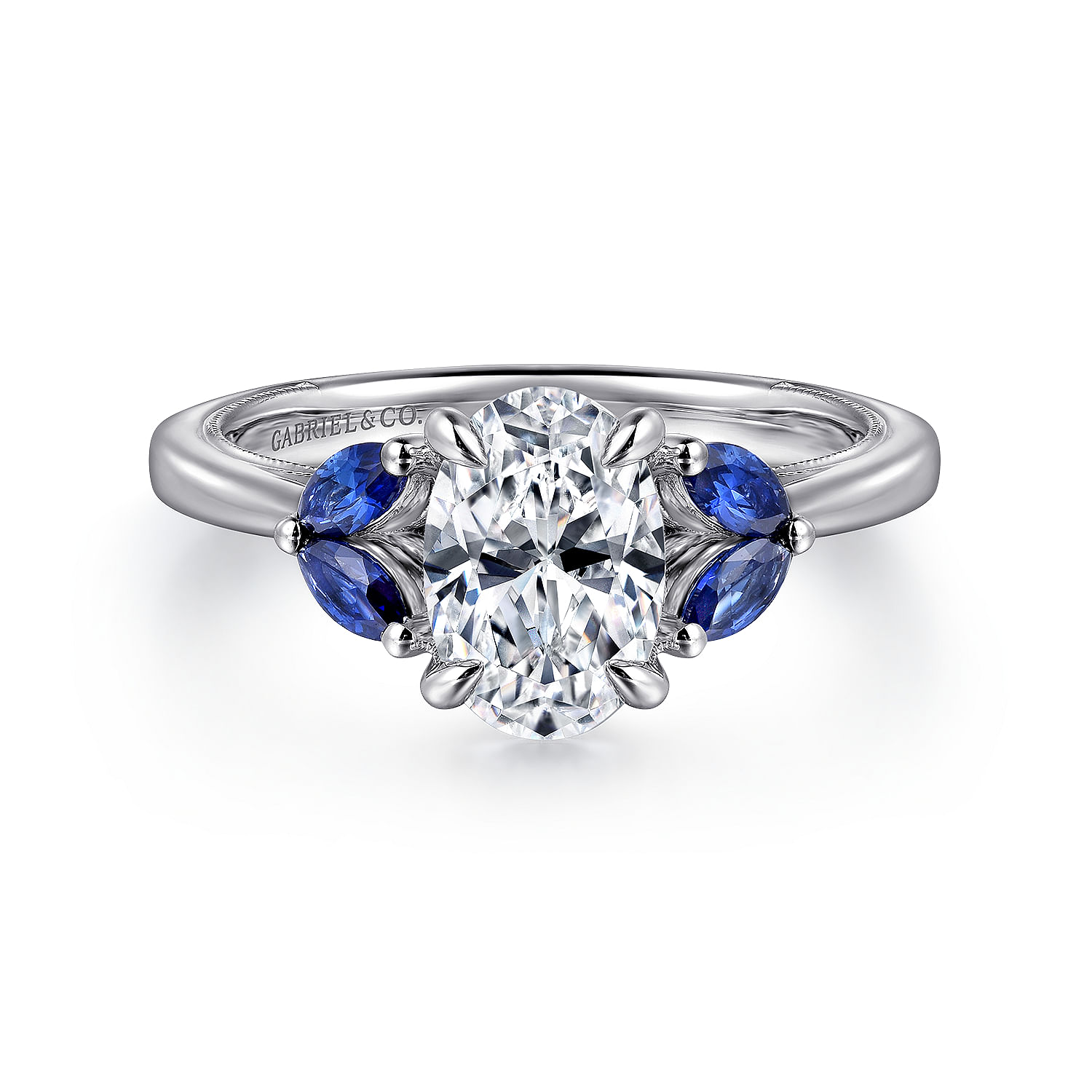 Gabriel - 14K White Gold Round Diamond and Sapphire Engagement Ring