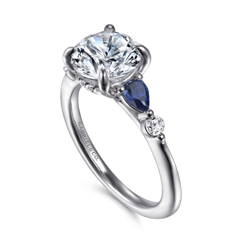 14K White Gold Round Diamond and Sapphire Engagement Ring