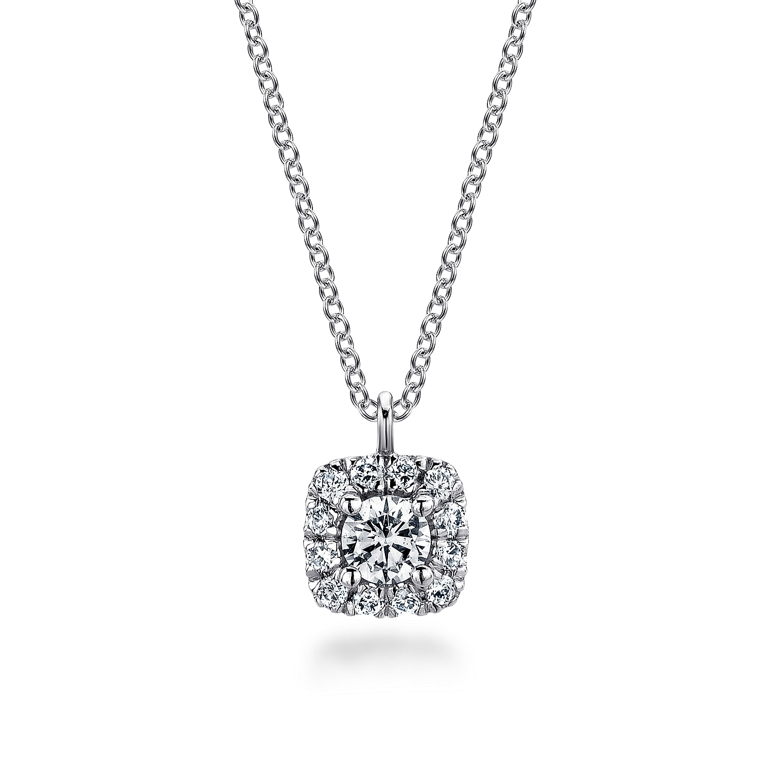 14K White Gold Round Diamond with Cushion Halo Pendant Necklace