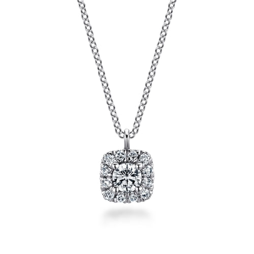 14K White Gold Round Diamond with Cushion Halo Pendant Necklace