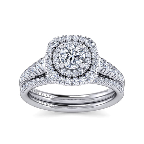 14K White Gold Round Double Halo Diamond Engagement Ring