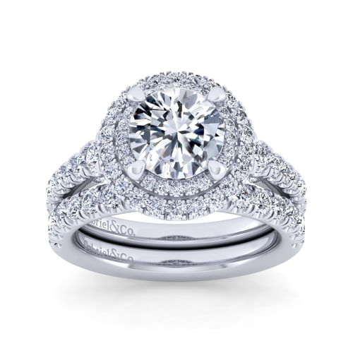 14K White Gold Round Double Halo Diamond Engagement Ring
