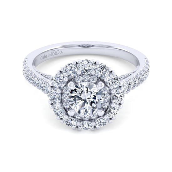 Gabriel - 14K White Gold Round Double Halo Diamond Engagement Ring