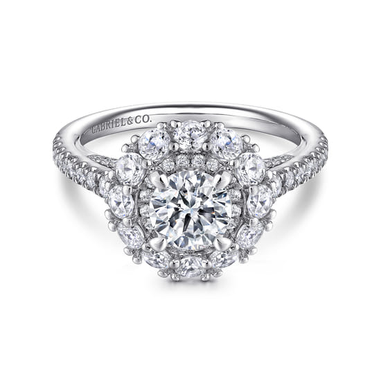 Gabriel - 14K White Gold Round Double Halo Diamond Engagement Ring