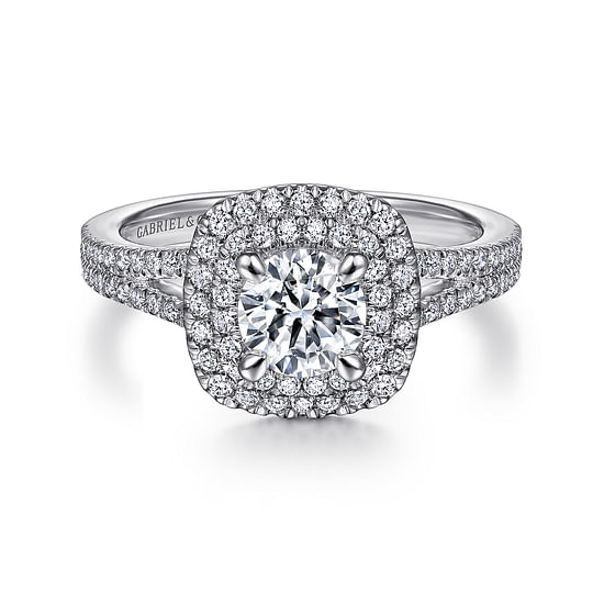 Gabriel - 14K White Gold Round Double Halo Diamond Engagement Ring