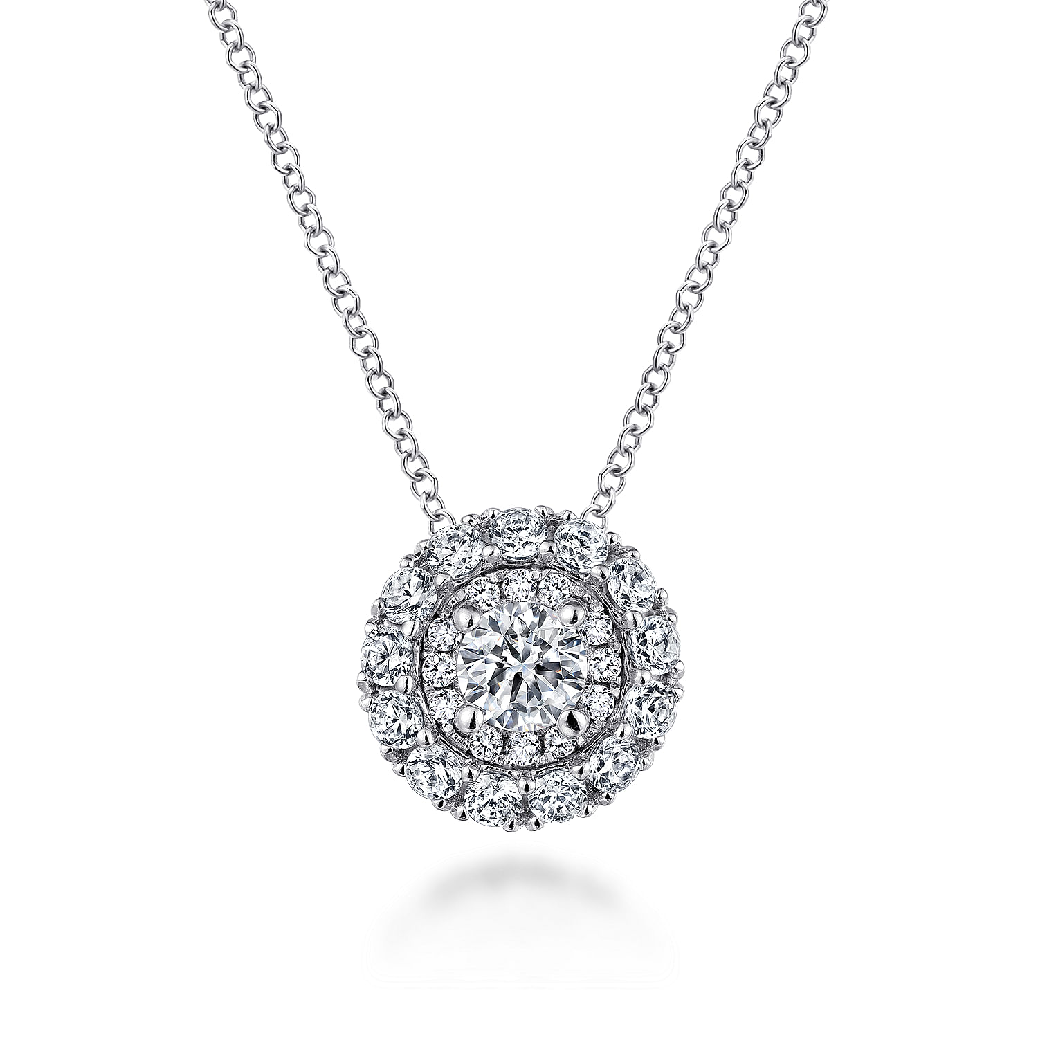Gabriel - 14K White Gold Round Double Halo Diamond Pendant Necklace