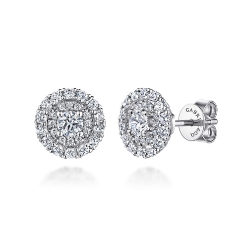 14K White Gold Round Double Halo Diamond Stud Earrings
