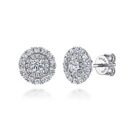 Gabriel - 14K White Gold Round Double Halo Diamond Stud Earrings