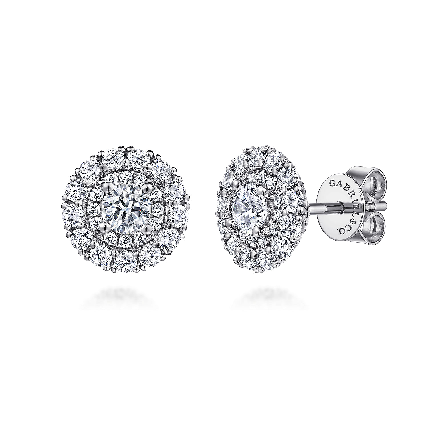 14K White Gold Round Double Halo Diamond Stud Earrings