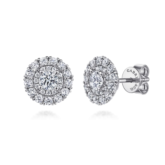 Gabriel - 14K White Gold Round Double Halo Diamond Stud Earrings