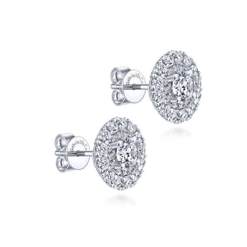 14K White Gold Round Double Halo Diamond Stud Earrings