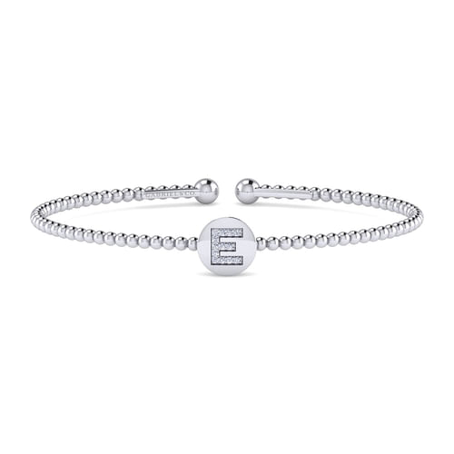 14K White Gold Round E Initial Diamond Bujukan Cuff Bracelet