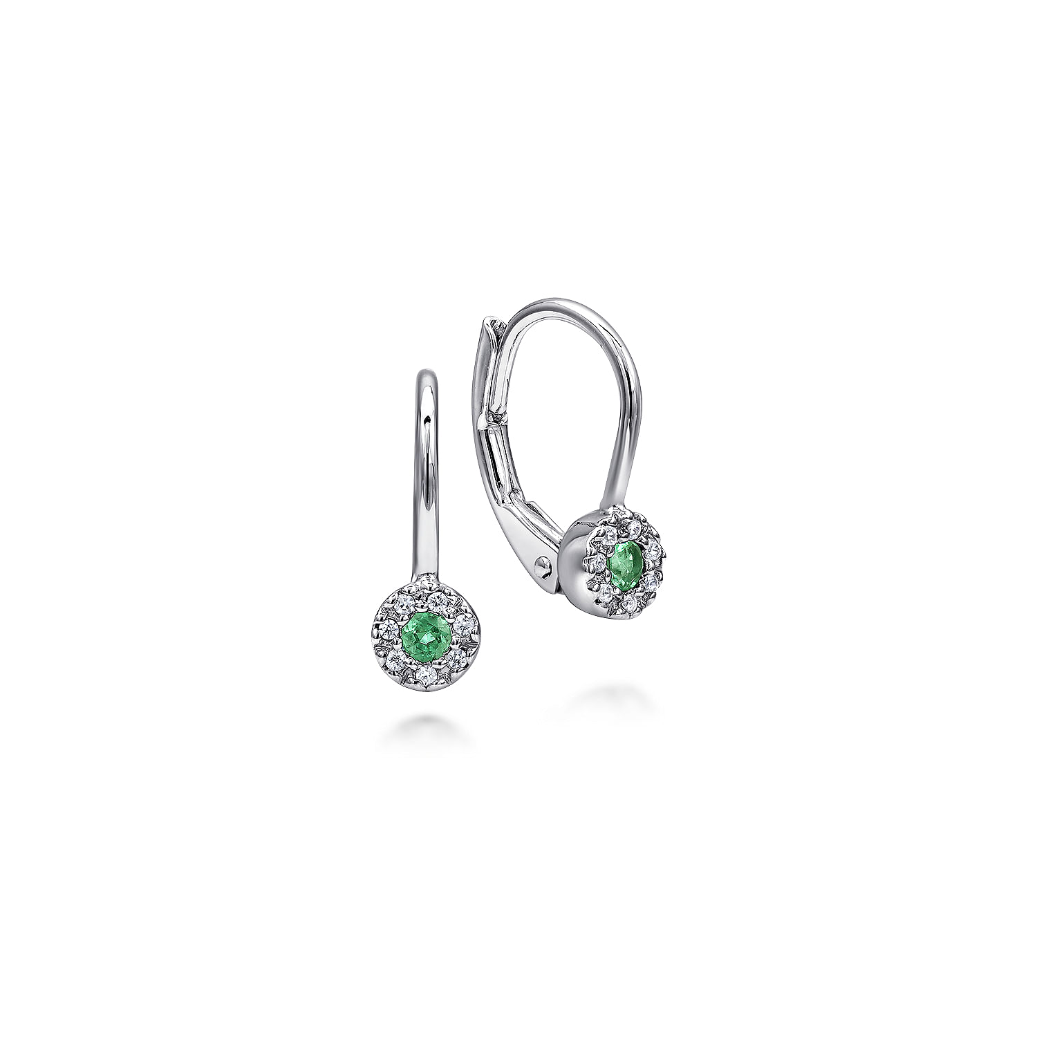 14K White Gold Round Emerald and Diamond Halo Drop Earrings