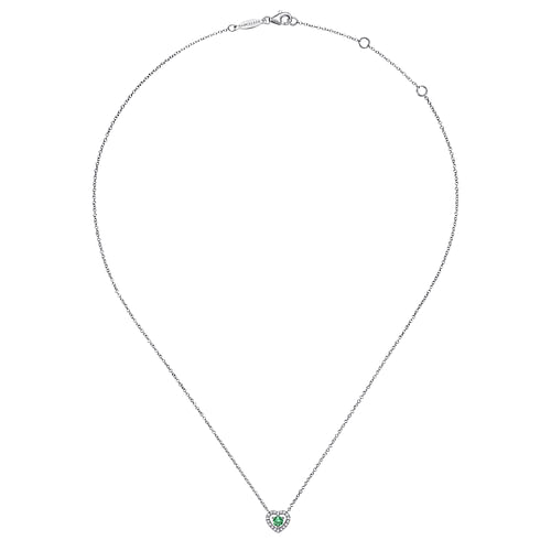 14K White Gold Round Emerald and Diamond Heart Pendant Necklace