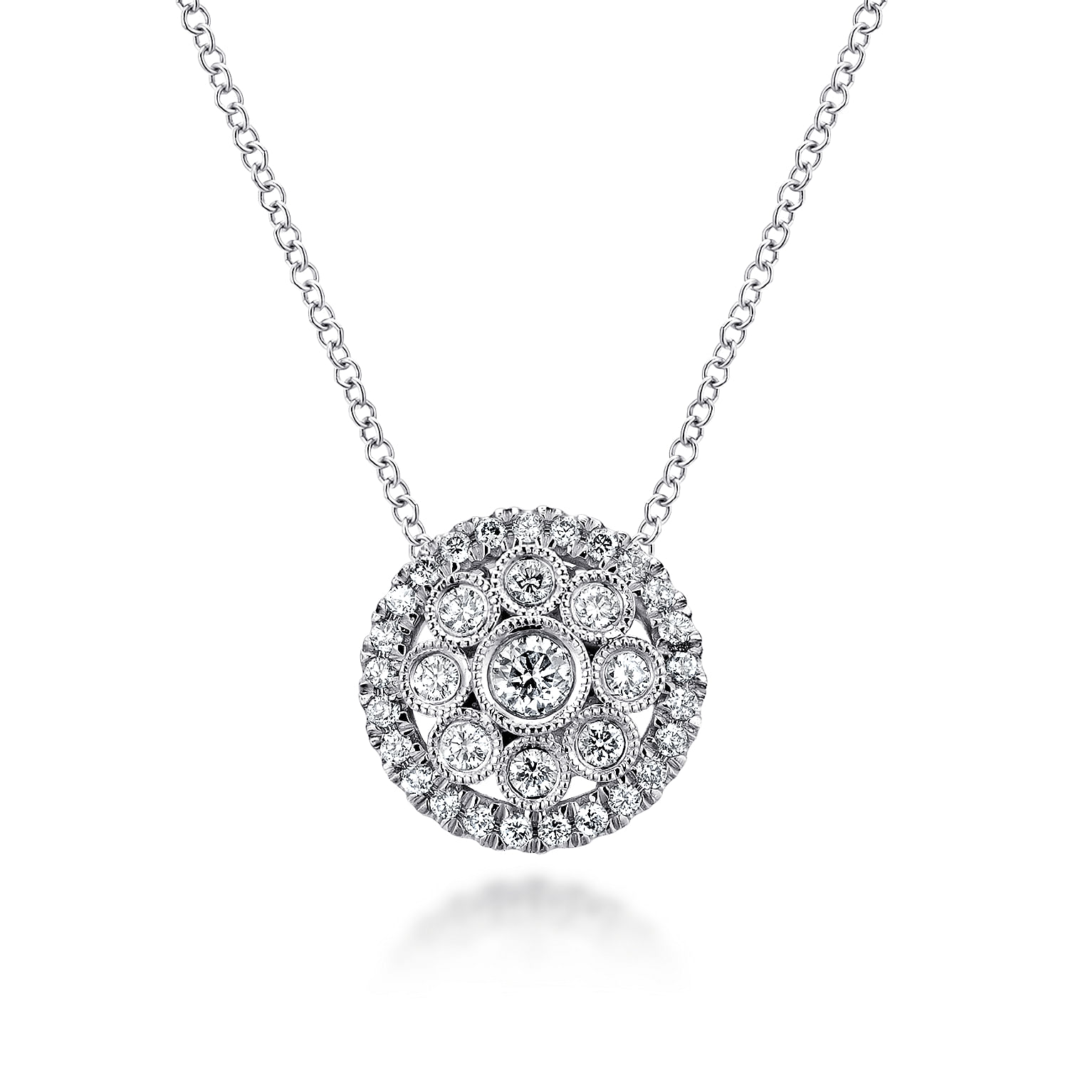 14K White Gold Round Floral Diamond Pendant Necklace