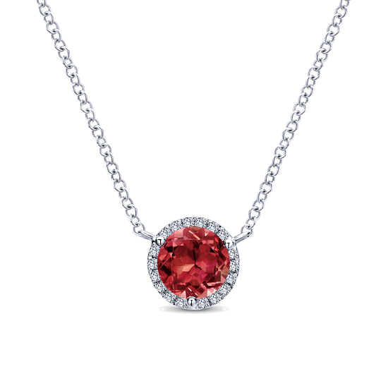 Gabriel - 14K White Gold Round Garnet and Diamond Halo Pendant Necklace