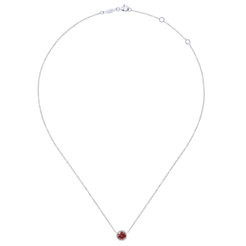 14K White Gold Round Garnet and Diamond Halo Pendant Necklace