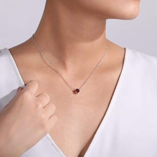 14K White Gold Round Garnet and Diamond Halo Pendant Necklace
