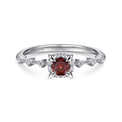 14K White Gold Round Garnet and Diamond Halo Promise Ring