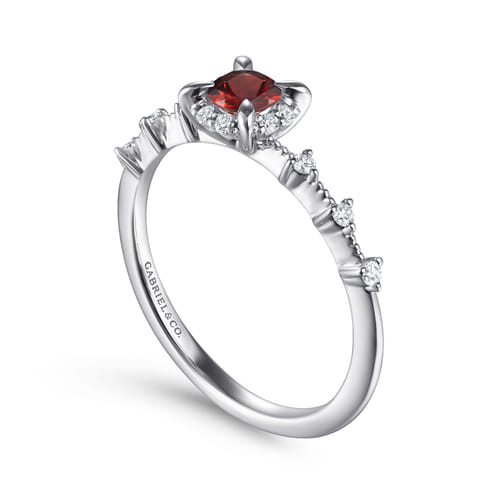 14K White Gold Round Garnet and Diamond Halo Promise Ring