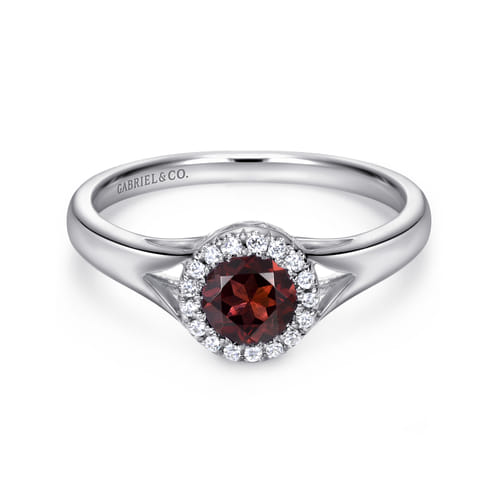 14K White Gold Round Garnet and Diamond Halo Promise Ring