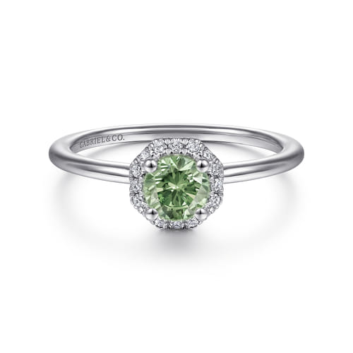 14K White Gold Round Green Amethyst and Hexagon Diamond Halo Promise Ring
