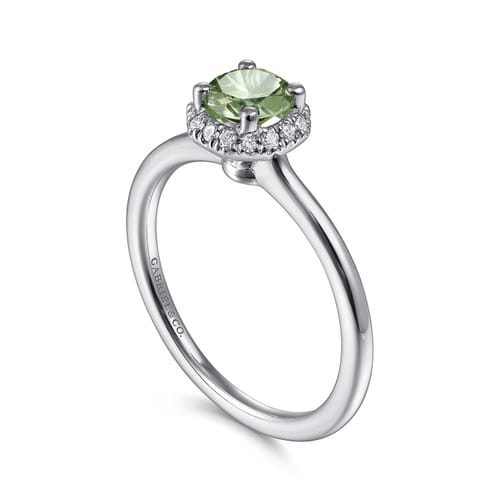 14K White Gold Round Green Amethyst and Hexagon Diamond Halo Promise Ring