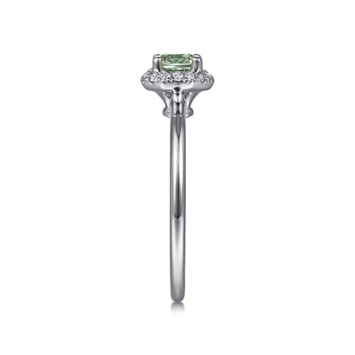 14K White Gold Round Green Amethyst and Hexagon Diamond Halo Promise Ring