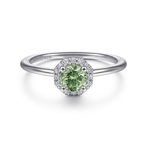 14K White Gold Round Green Amethyst and Hexagon Diamond Halo Ring
