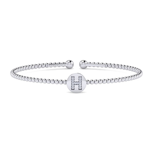 14K White Gold Round H Initial Diamond Bujukan Cuff Bracelet