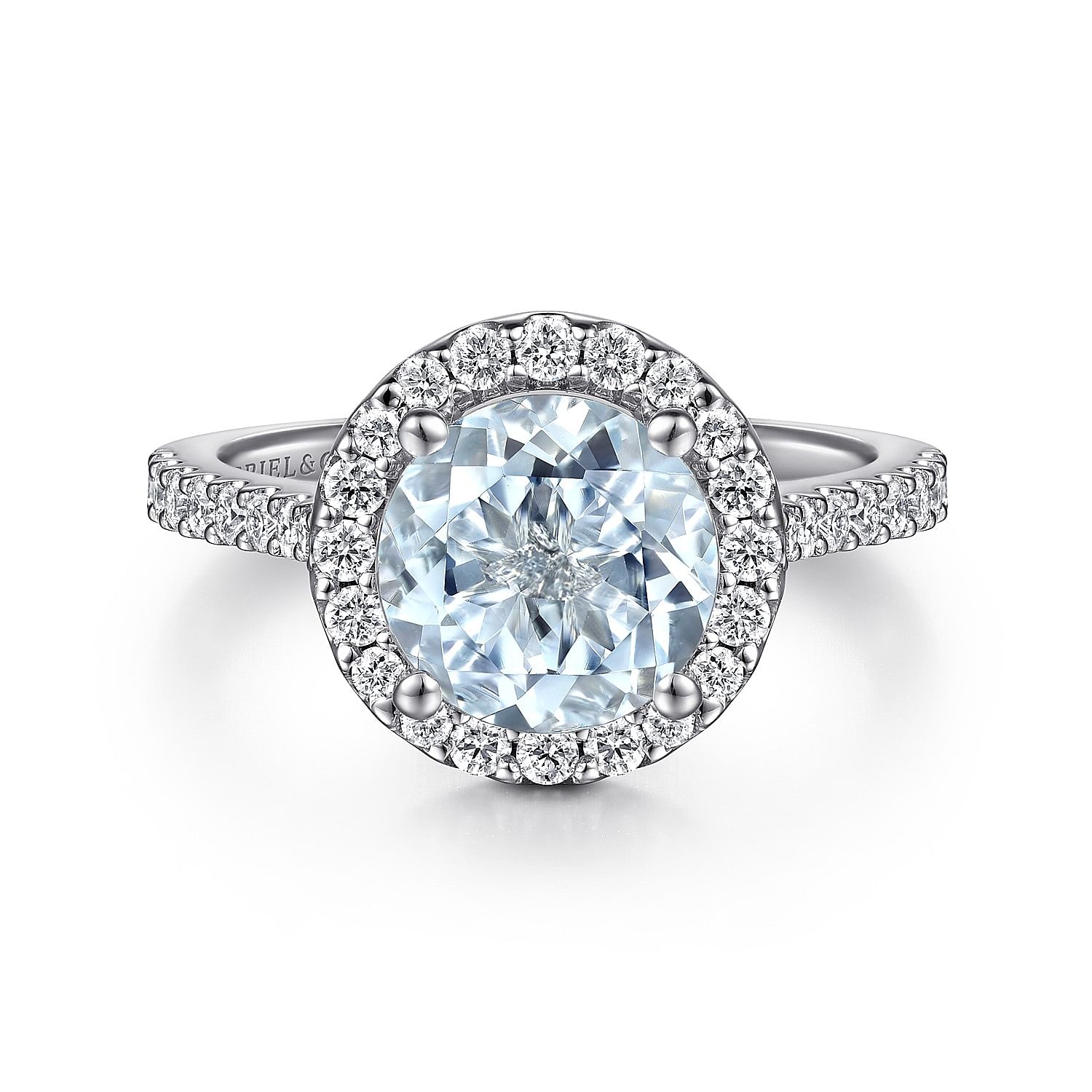 14K White Gold Round Halo Aquamarine and Diamond Engagement Ring