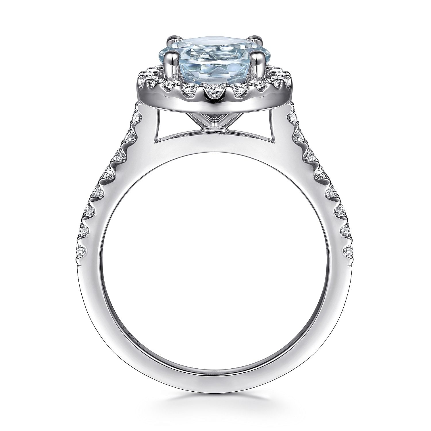 14K White Gold Round Halo Aquamarine and Diamond Engagement Ring