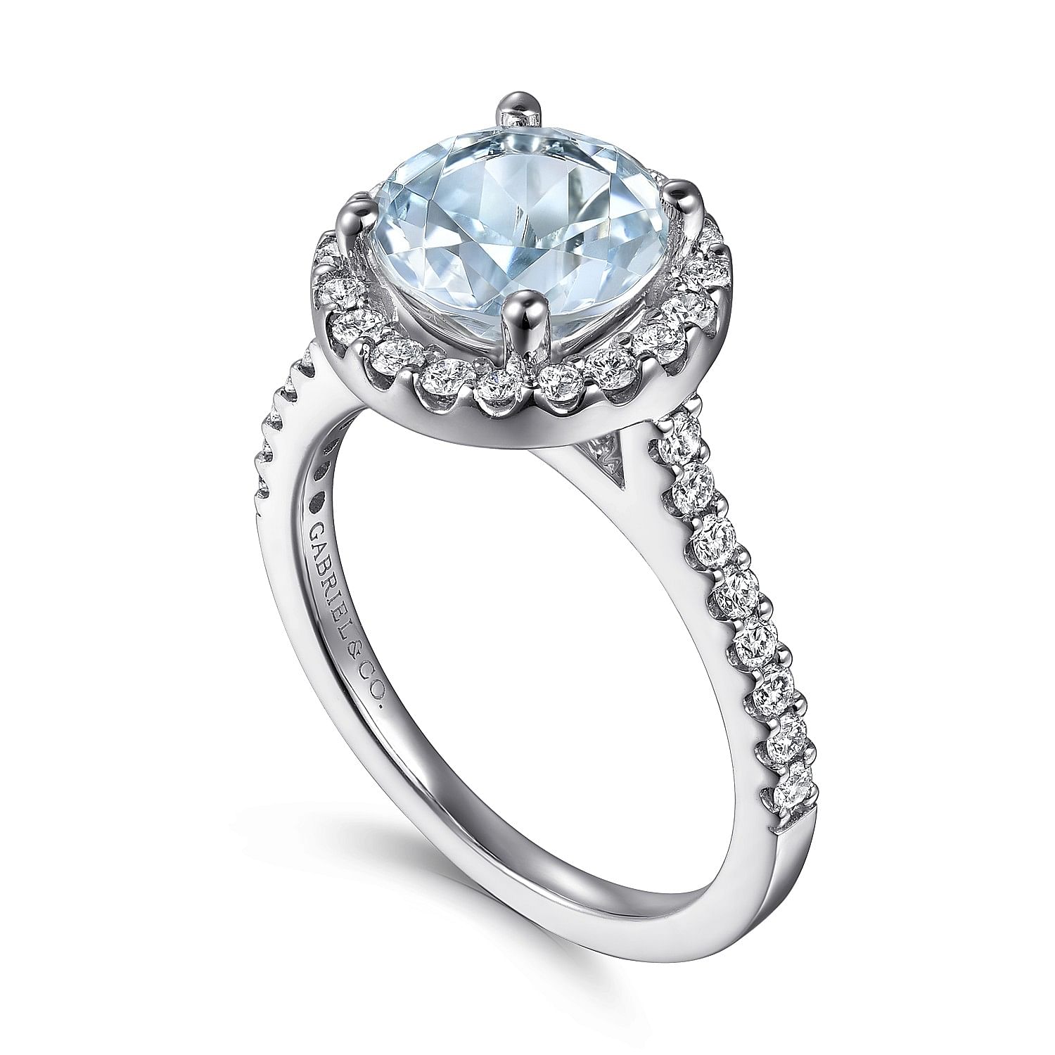 14K White Gold Round Halo Aquamarine and Diamond Engagement Ring