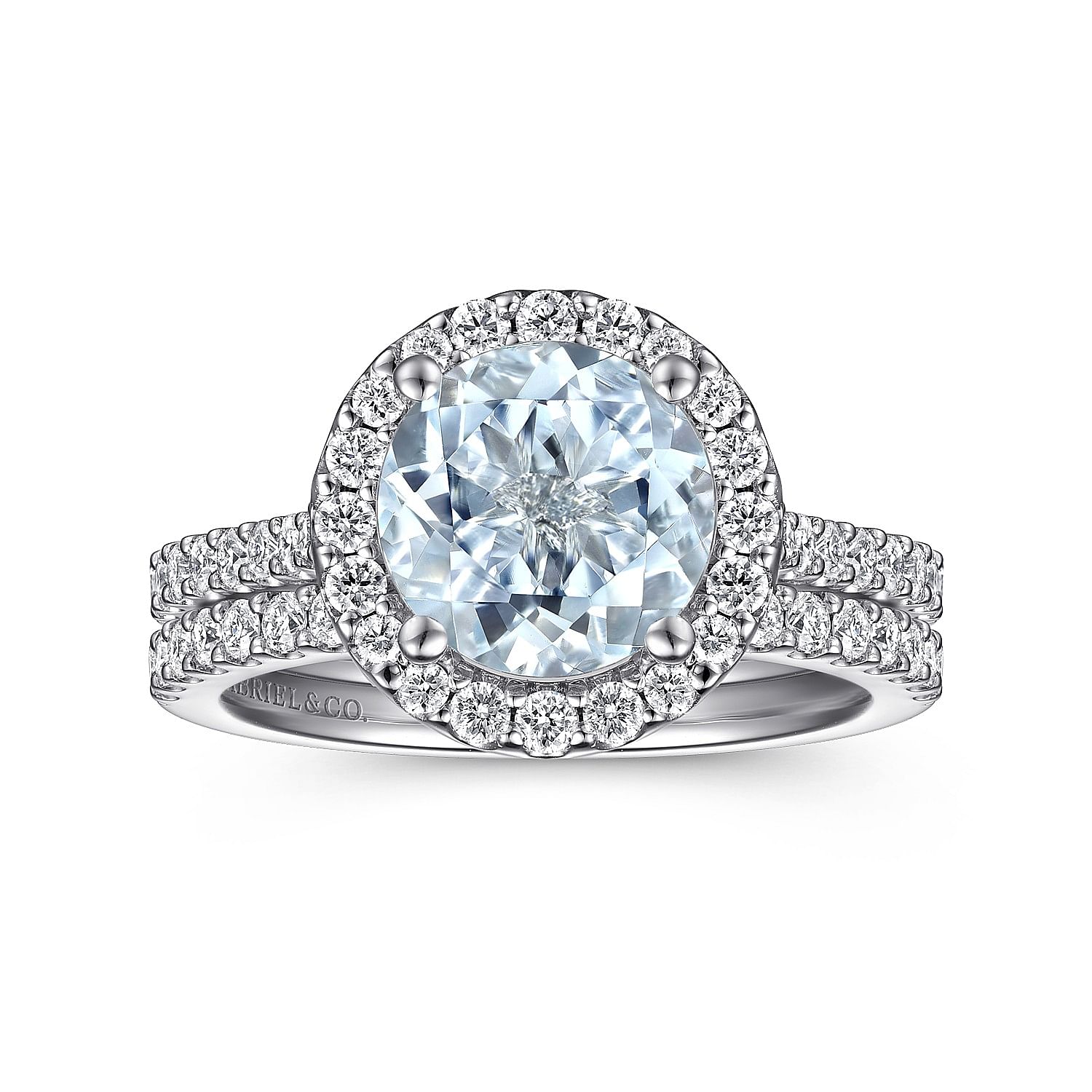 14K White Gold Round Halo Aquamarine and Diamond Engagement Ring