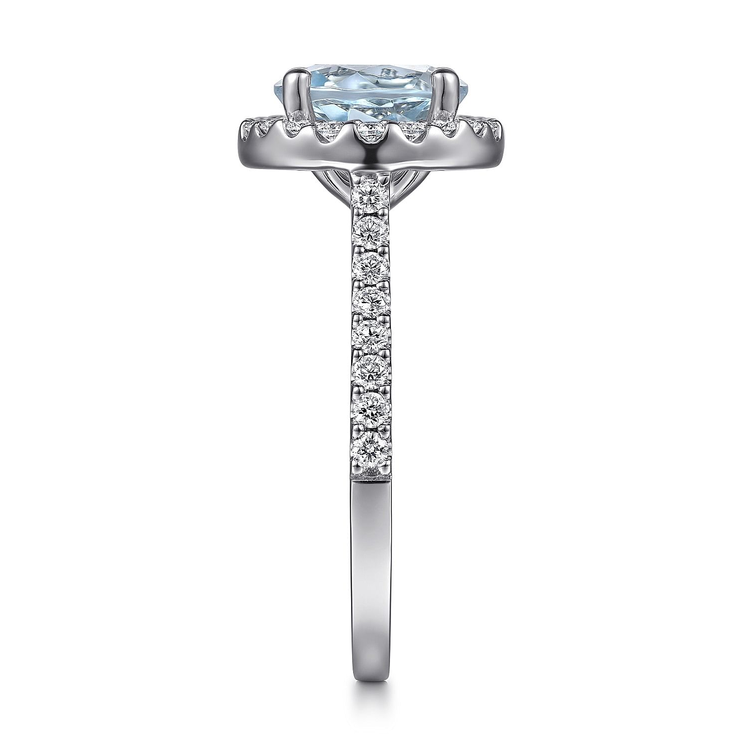 14K White Gold Round Halo Aquamarine and Diamond Engagement Ring