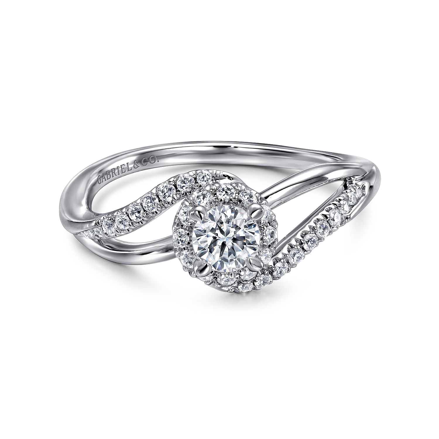 14K White Gold Round Halo Bypass Complete Diamond Engagement Ring