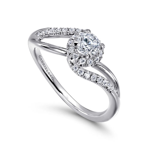 14K White Gold Round Halo Bypass Complete Diamond Engagement Ring