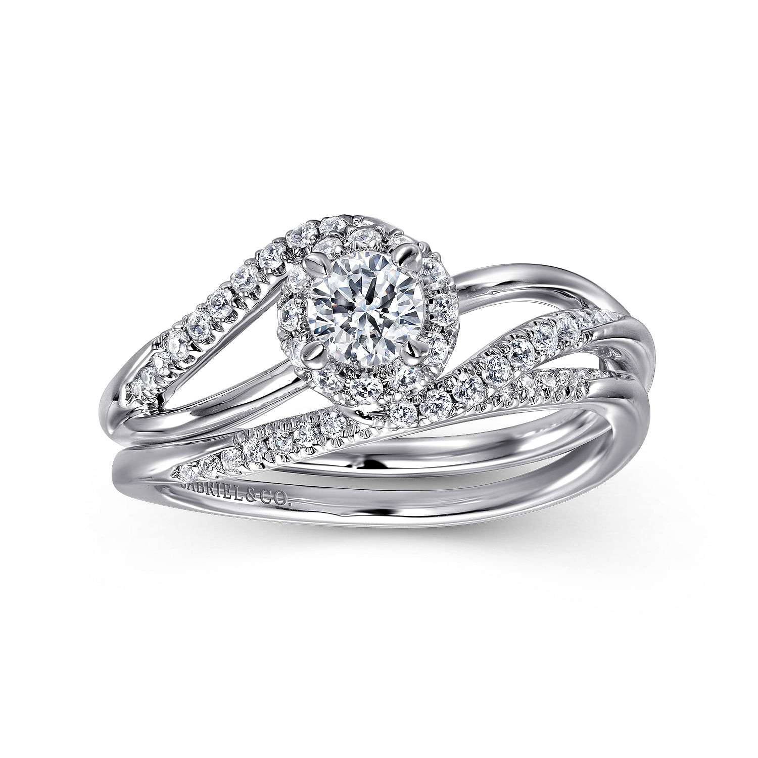 14K White Gold Round Halo Bypass Complete Diamond Engagement Ring
