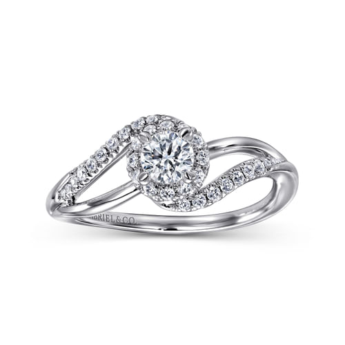 14K White Gold Round Halo Bypass Complete Diamond Engagement Ring