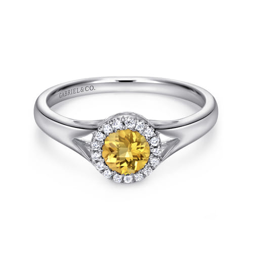 14K White Gold Round Halo Citrine and Diamond Promise Ring