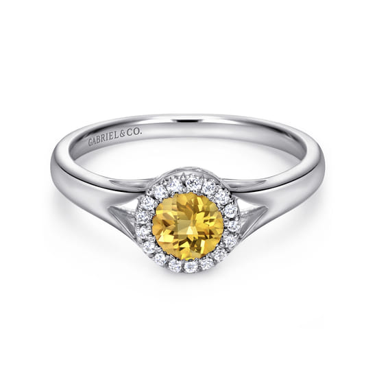 Gabriel - 14K White Gold Round Halo Citrine and Diamond Promise Ring