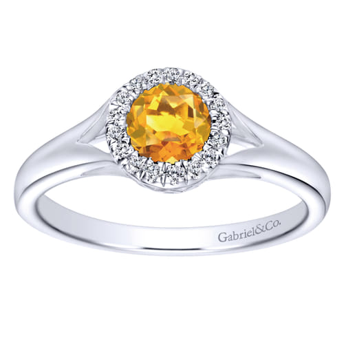 14K White Gold Round Halo Citrine and Diamond Promise Ring