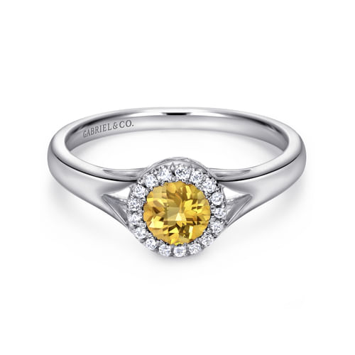 14K White Gold Round Halo Citrine and Diamond Ring