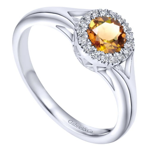14K White Gold Round Halo Citrine and Diamond Ring