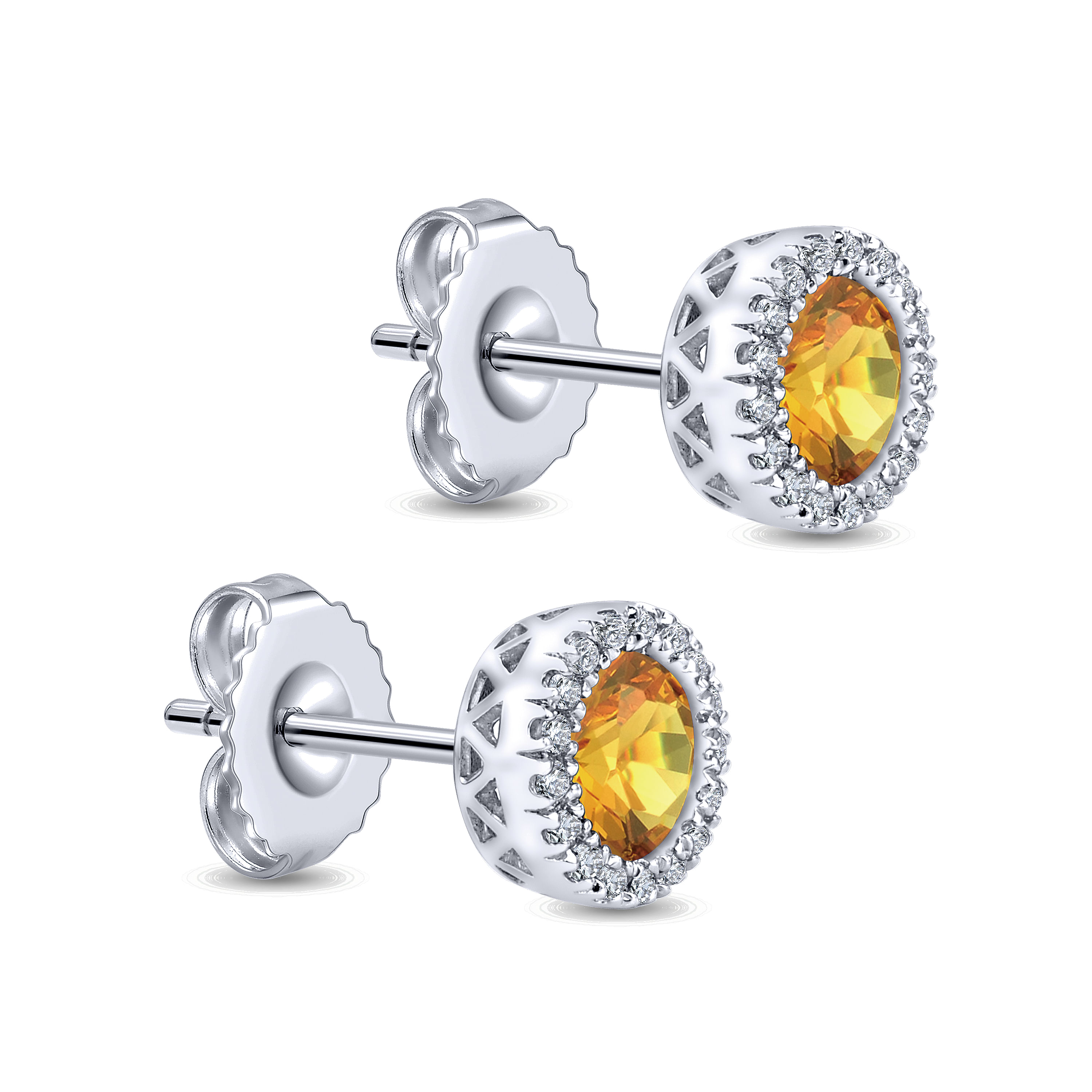 14K White Gold Round Halo Citrine and Diamond Stud Earrings