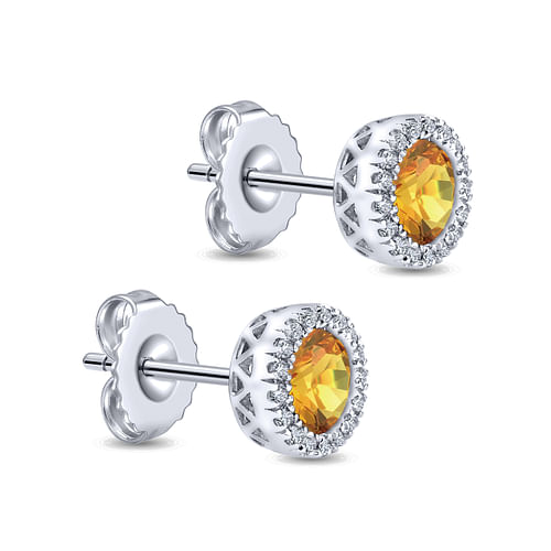 14K White Gold Round Halo Citrine and Diamond Stud Earrings