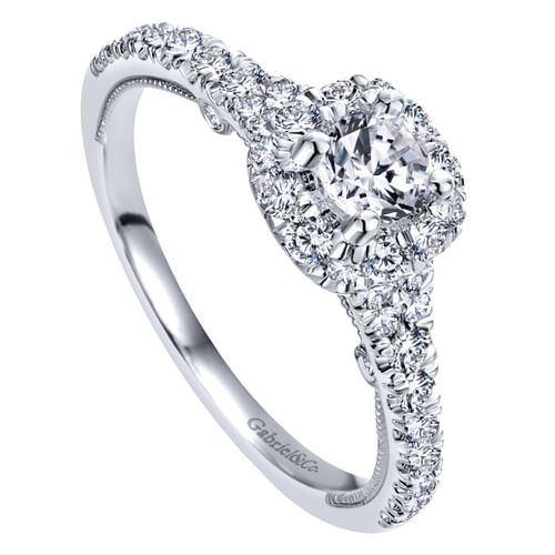 14K White Gold Round Halo Complete Diamond Engagement Ring
