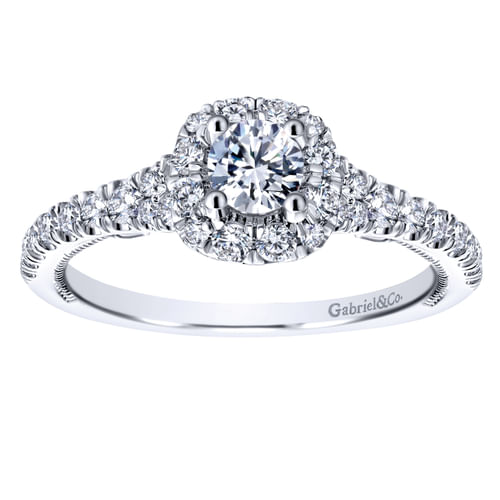14K White Gold Round Halo Complete Diamond Engagement Ring