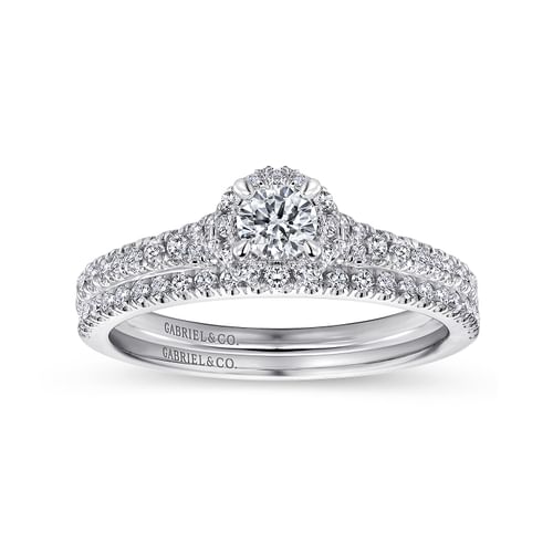 14K White Gold Round Halo Complete Diamond Engagement Ring